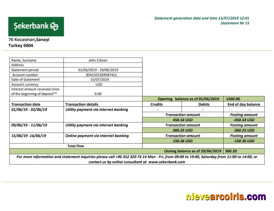 Turkey Sekerbank bank statement in .doc and .pdf format, fully editable